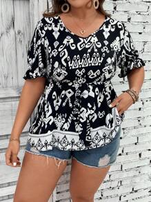 SHEIN Unity Áo sơ mi Plus Size Thắt lưng Bộ lạc Boho - Đen và trắng - Xem 3