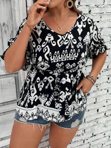 SHEIN Unity Áo sơ mi Plus Size Thắt lưng Bộ lạc Boho - Đen và trắng - Xem 5