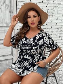 SHEIN Unity Áo sơ mi Plus Size Thắt lưng Bộ lạc Boho - Đen và trắng - Xem 6