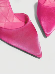 Scarpe Da Donna Pompa Con Tacco A Cupola Decorata Con Strass E Punta Appuntita. Pompe Con Cinturino Alla Caviglia Rosa Satinato Affascinante Per Primavera Ed Estate - Fucsia - Visualizzare 3