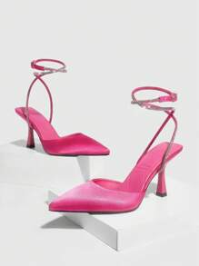 Scarpe Da Donna Pompa Con Tacco A Cupola Decorata Con Strass E Punta Appuntita. Pompe Con Cinturino Alla Caviglia Rosa Satinato Affascinante Per Primavera Ed Estate - Fucsia - Visualizzare 4