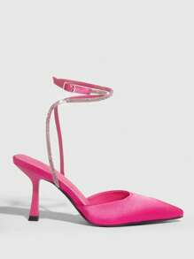 Scarpe Da Donna Pompa Con Tacco A Cupola Decorata Con Strass E Punta Appuntita. Pompe Con Cinturino Alla Caviglia Rosa Satinato Affascinante Per Primavera Ed Estate - Fucsia - Visualizzare 5