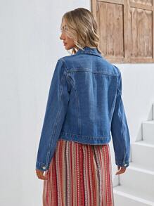 翻蓋口袋前紐扣牛仔夾克 - 深色水洗藍 - 查看 2
