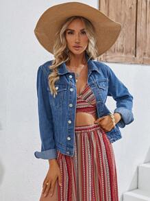 翻蓋口袋前紐扣牛仔夾克 - 深色水洗藍 - 查看 1