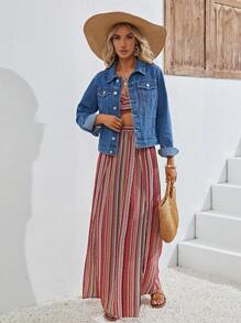 翻蓋口袋前紐扣牛仔夾克 - 深色水洗藍 - 查看 6