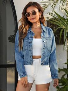 Áo khoác & áo khoác denim nữ Túi Nút phía trước màu trơn Giải trí - Rửa trung bình - Xem 6