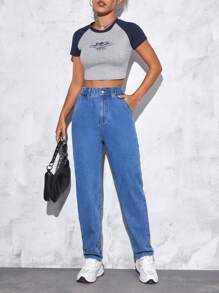 高腰媽媽牛仔褲 - 中等水洗藍 - 查看 6