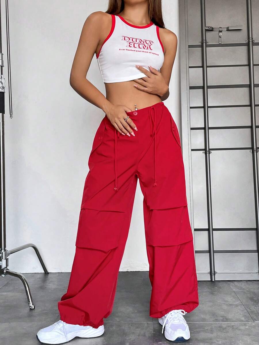 SHEIN EZwear Letter Graphic Contrast Binding Crop Tank Top & Drawstring Waist Pants - Red and White - View 1