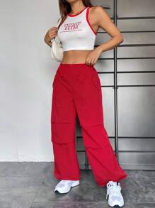 SHEIN EZwear con estampado de letra unido en contraste Top tank crop & de cintura con cordón Pantalones - Rojo y blanco - Ver 6