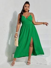 SHEIN VCAY Đầm Plus Size Lộ Lưng Tách cao Dải chun màu trơn Boho - màu xanh lá - Xem 4