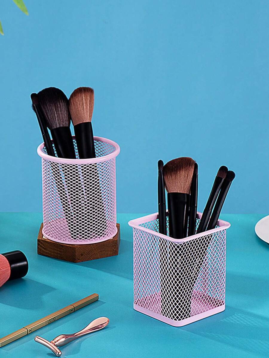 Makeup Brush Holder,2Pcs Makeup Brush Storage Box Makeup Brush Storage Bucket Simple Metal Mesh Makeup Brush Storage Pen Holder - Pink - View 1