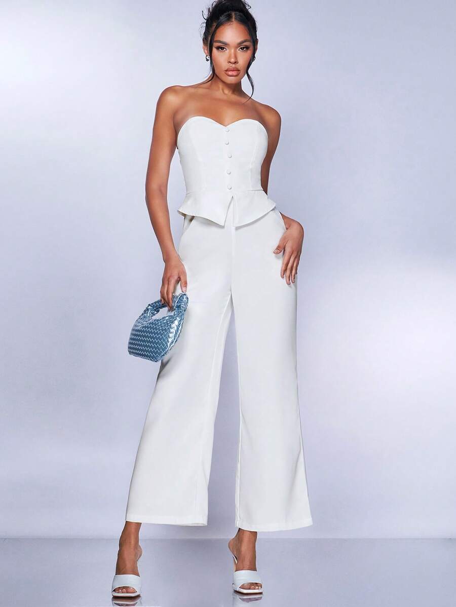 SHEIN BAE 前紐扣抹胸連體褲 - 白色 - 查看 1