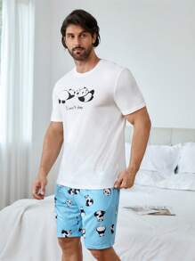 男士1入組熊貓和字母圖案T恤&1入組短褲睡衣套裝 - 藍白色 - 查看 2