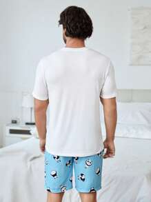 男士1入組熊貓和字母圖案T恤&1入組短褲睡衣套裝 - 藍白色 - 查看 3