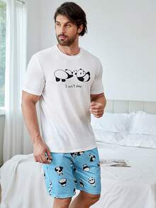 男士1入組熊貓和字母圖案T恤&1入組短褲睡衣套裝 - 藍白色 - 查看 6