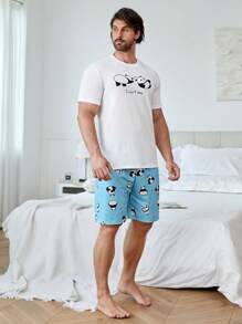 男士1入組熊貓和字母圖案T恤&1入組短褲睡衣套裝 - 藍白色 - 查看 4