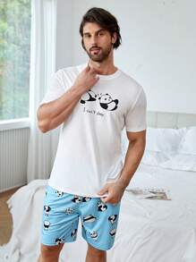 男士1入組熊貓和字母圖案T恤&1入組短褲睡衣套裝 - 藍白色 - 查看 5