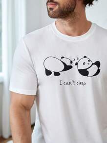 男士1入組熊貓和字母圖案T恤&1入組短褲睡衣套裝 - 藍白色 - 查看 7