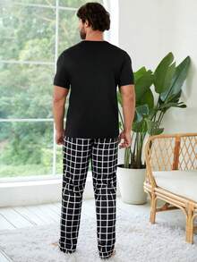 Men Solid Button Front Tee & Plaid Trousers PJ Set - Black and White - View 3
