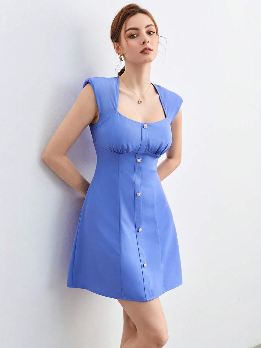 BizChic Chất rắn Miếng đệm vai Nút phía trước Nếp gấp Phần Ngực Đầm Trang phục làm việc - Màu xanh lam - Xem 1
