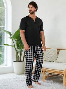 Men Solid Button Front Tee & Plaid Trousers PJ Set - Black and White - View 4