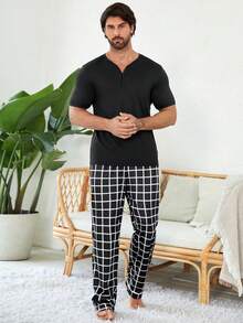 Men Solid Button Front Tee & Plaid Trousers PJ Set - Black and White - View 7