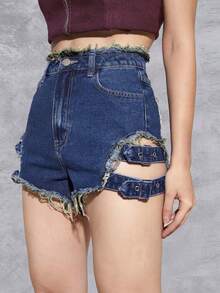 金屬氣眼帶扣細節毛邊牛仔短褲 - 深色水洗藍 - 查看 2