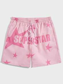 ROMWE MEN Prep Men Star & Letter Graphic Drawstring Waist Shorts, School - Pink - View 1