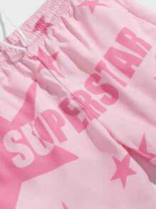 ROMWE MEN Prep Men Star & Letter Graphic Drawstring Waist Shorts, School - Pink - View 4