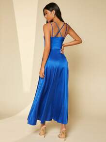 SHEIN Belle Váy phù dâu Hội Chữ thập Tách cao Lộ Lưng Tương phản ren màu trơn - Xanh đậm - Xem 2