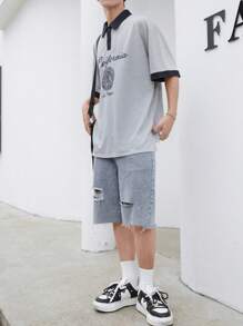 Manfinity Hypemode Men Letter Graphic Contrast Trim Polo Shirt - Grey - View 3