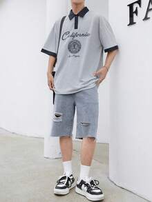 Manfinity Hypemode Men Letter Graphic Contrast Trim Polo Shirt - Grey - View 5