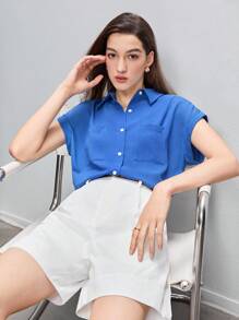 BizChic Áo sơ mi nữ Túi Nút phía trước màu trơn Giải trí - Màu xanh lam - Xem 6