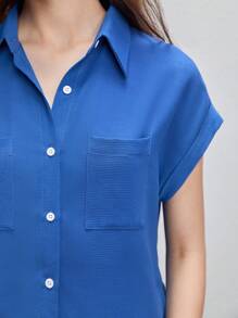 BizChic Áo sơ mi nữ Túi Nút phía trước màu trơn Giải trí - Màu xanh lam - Xem 3