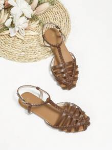 度假棕色涼鞋適用於女士編織細節踝帶平底涼鞋 - 棕色 - 查看 2