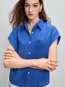 BizChic Áo sơ mi nữ Túi Nút phía trước màu trơn Giải trí - Màu xanh lam - Xem 8