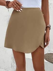 SHEIN Clasi High Waist Button Detail Wrap Hem Skort - Khaki - View 4