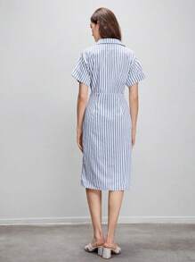 SHEIN BIZwear 條紋印花前垂褶襯衫連衣裙 - 藍白色 - 查看 2