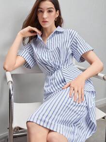 SHEIN BIZwear 條紋印花前垂褶襯衫連衣裙 - 藍白色 - 查看 7