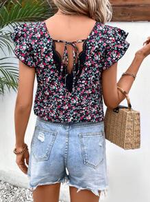 SHEIN Frenchy Ditsy Floral Print Tie Back Butterfly Sleeve Blouse Summer Vacation Flower - Multicolor - View 1