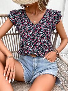 SHEIN Frenchy Ditsy Floral Print Tie Back Butterfly Sleeve Blouse Summer Vacation Flower - Multicolor - View 4
