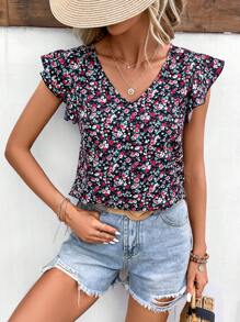 SHEIN Frenchy Ditsy Floral Print Tie Back Butterfly Sleeve Blouse Summer Vacation Flower - Multicolor - View 6