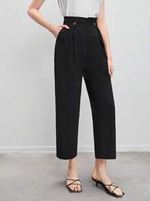 BizChic Fold Pleated Detail Cropped Suit Trousers - Black - View 1