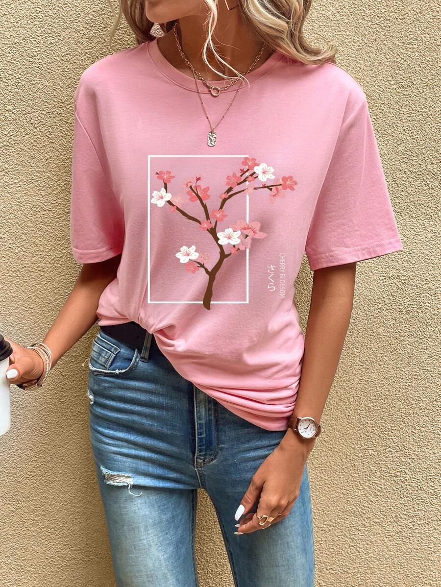 SHEIN LUNE Floral & Letter Graphic Tee - Baby Pink - View 1