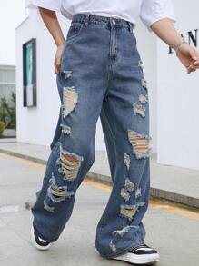 Manfinity EMRG 男士鬆身破洞闊腳牛仔褲 - 中等水洗藍 - 查看 4