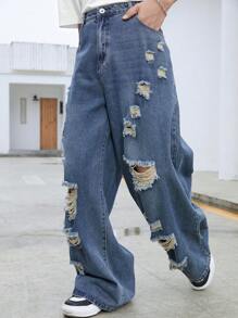 Manfinity EMRG 男士鬆身破洞闊腳牛仔褲 - 中等水洗藍 - 查看 5