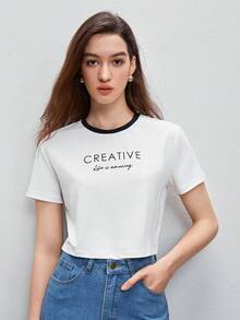 BizChic Đồ họa Chữ cái Viền tương phản Áo thun Trang phục làm việc - trắng - Xem 4