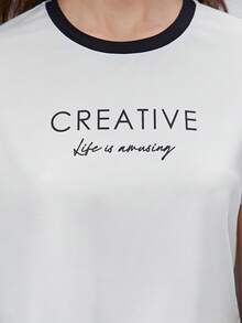 BizChic Đồ họa Chữ cái Viền tương phản Áo thun Trang phục làm việc - trắng - Xem 3