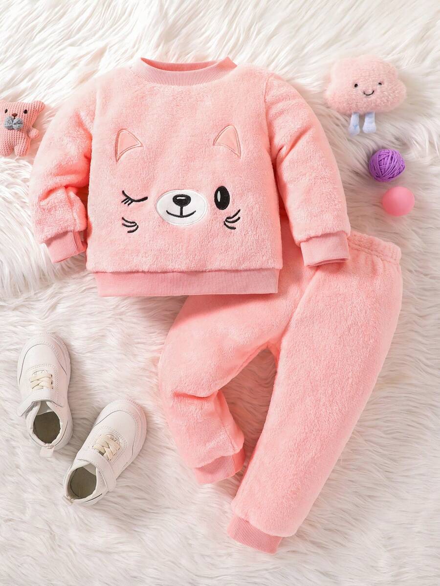 Baby Girl Cartoon Embroidery Teddy Sweatshirt & Pants - Baby Pink - View 1