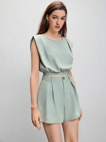 BizChic 素色上衣和前紐扣短褲工作服 - 薄荷綠 - 查看 5